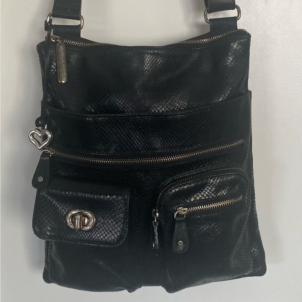 Brighton Black Leather Mock Snake Skin multi compartment Organizer crossbody bag